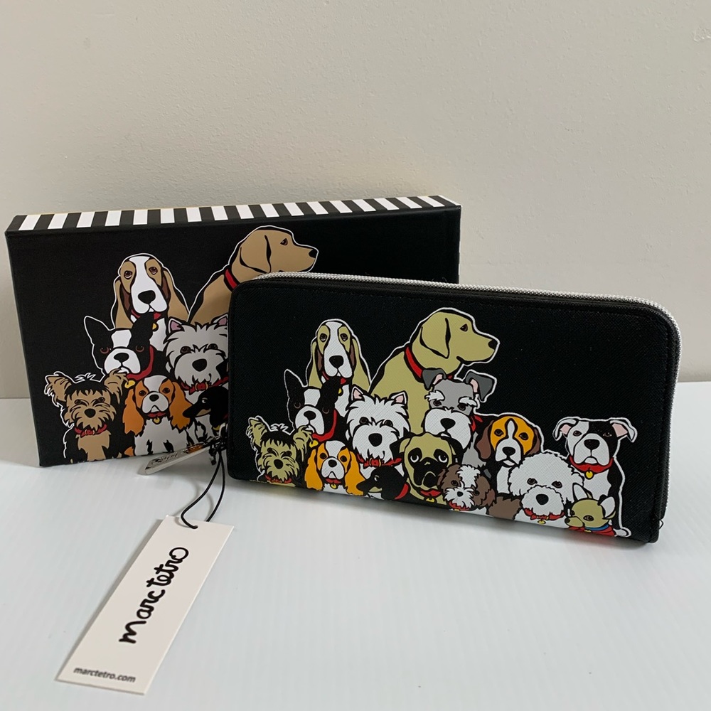 NWT Marc Tetro Black/Yellow/White
"Group of Dogs" Large Ziparound Wallet in Box